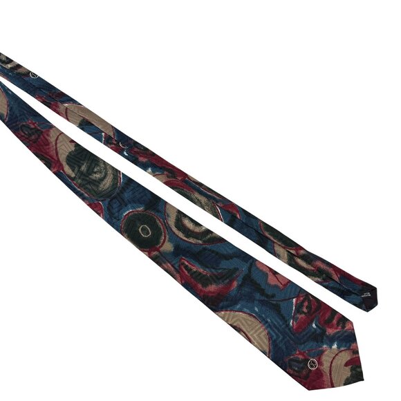 Halston III Mens Neck Tie Abstract Print Blue Red Gold Polyester Made In USA - Picture 1 of 5